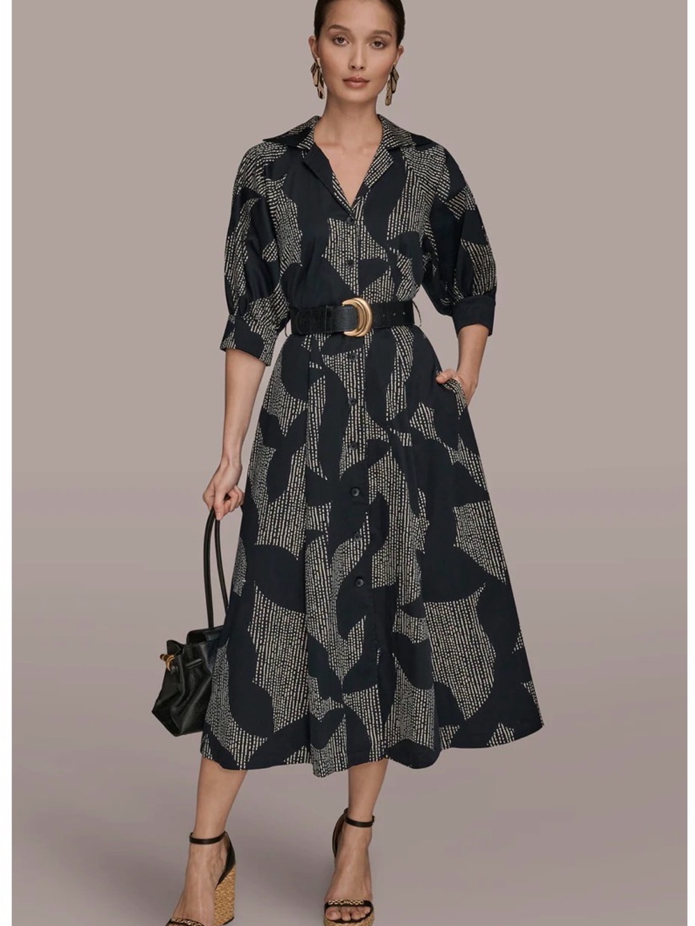 Donna Karan Black and Cream Patterned Midi Shirt Dress with Belt